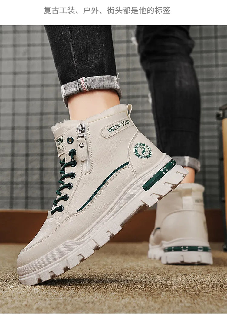 Winter Fleece-Lined Warm High-Top Men's Boots, Korean Style Versatile Men's Boots, Thickened Lightweight Cotton Shoes, Trendy Outdoor Snow Boots