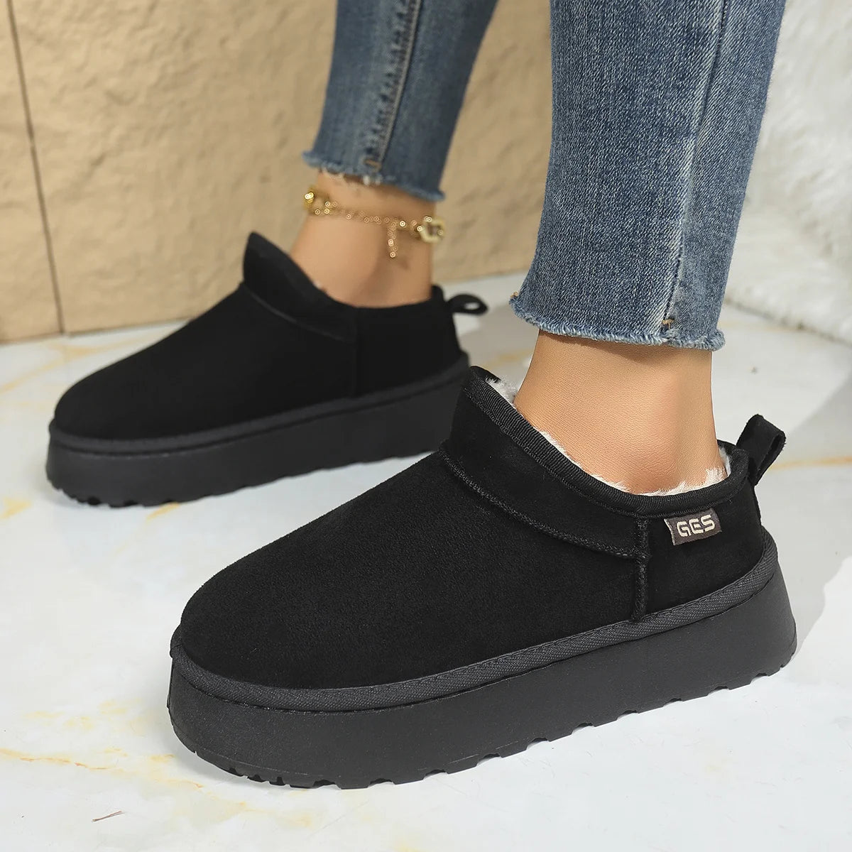 Snow Boots for Women 2026 Winter New Cashmere Warm Thick Soles Without Heel-covered Hair Half Slipper Cotton Shoes for Women