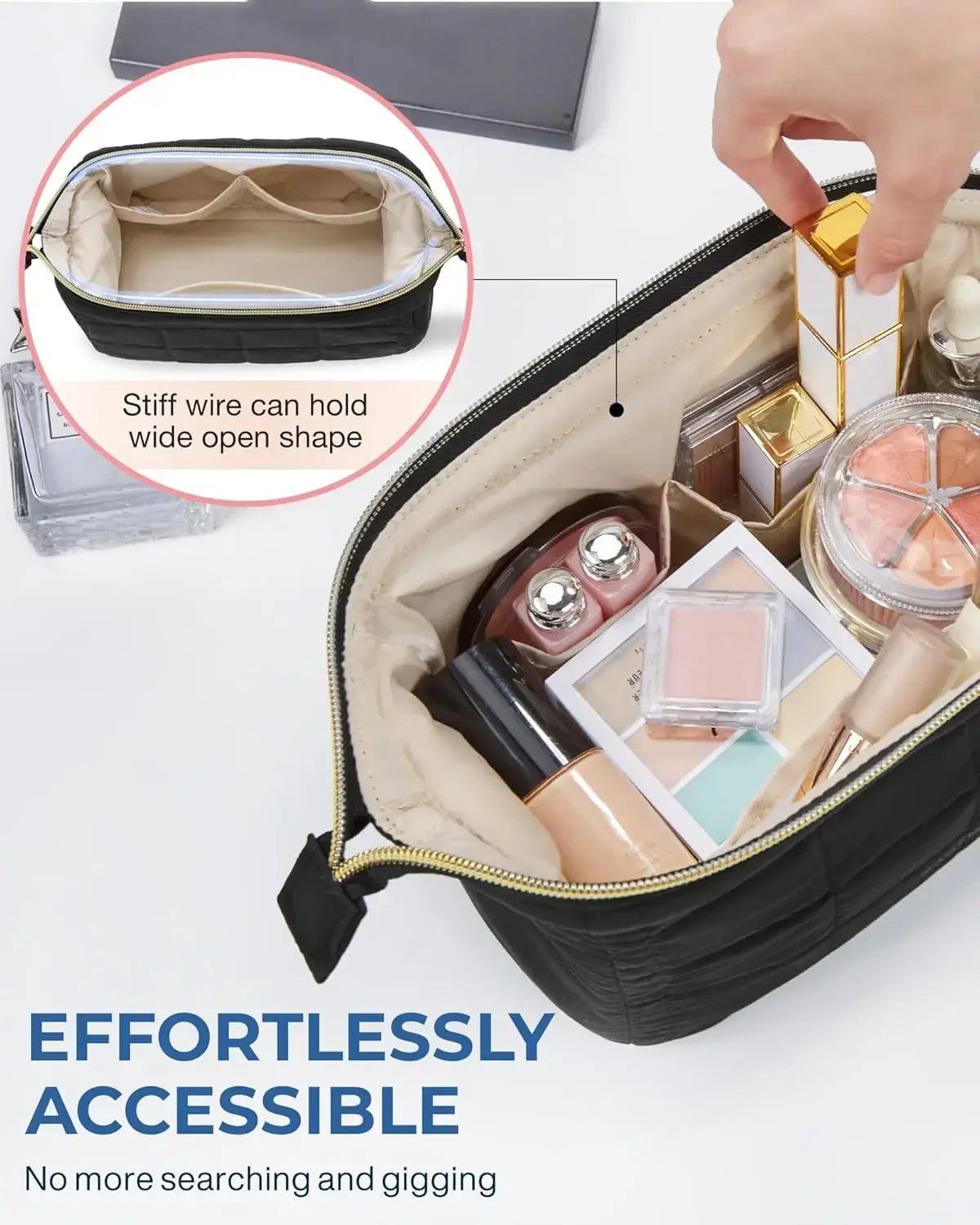 Makeup Bag Travel Toiletry Bag Puffy Padded Make Up Bags Wide Open Pouch Purse Travel Essentials Toiletries Accessories Brushes