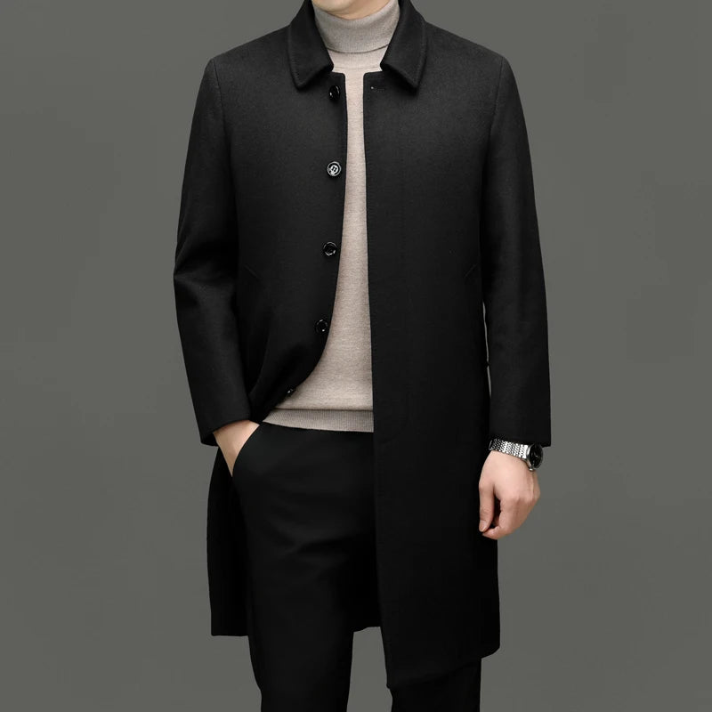 Men's High-End and Fashionable Cashmere Coats for Autumn and Winter, Mid-Length Lapel Jackets, Wool and Woolen Fabrics