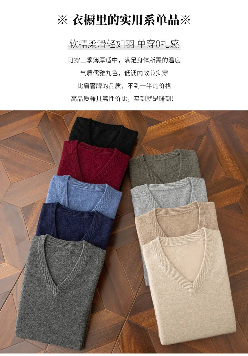100% Cashmere Men's Pullover Casual Solid Color Knitted Sweater Loose Pull V-Neck Tops Basic Versatile Jumper