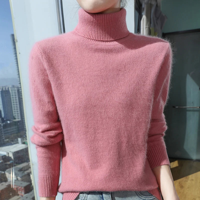 100% Mink Cashmere Top-Lapel Women Sweater Long-sleeves Fashion High-elasticity Sexy Winter Knitted Pullover Girl Tops 2024