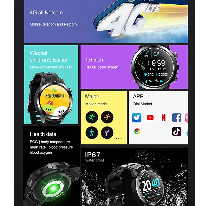 New Arival 1.6inch 4G All Netcom Can help children learn Smart Watch Dual cameras 4+6GB body temperature ECG monitoring Watch