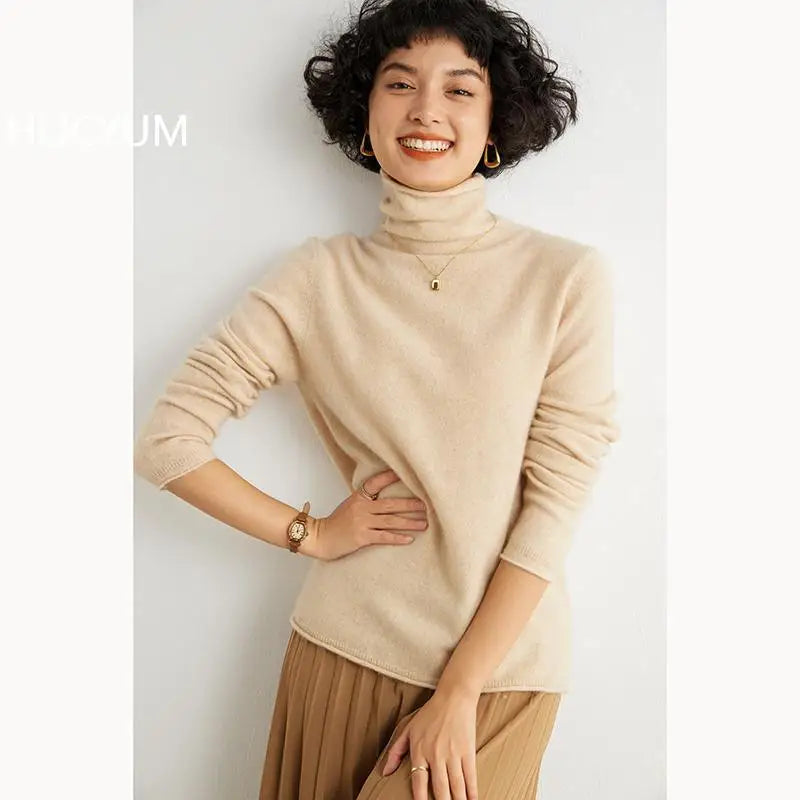 Women's 100% Cashmere Sweater Casual Solid Color Knitted Pullover Loose High Neck Jumper Autumn/Winter Warm Blouse Tops