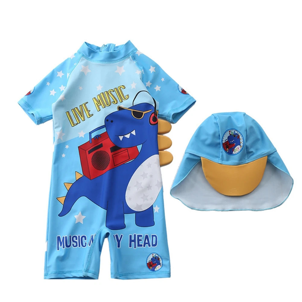 UPF50+ Baby Swimsuit Boys Cartoon Dinosaur Toddler Boy Zipper Swimwear with Sun Hat Rash Guard Surfing Suit Bathing Suit