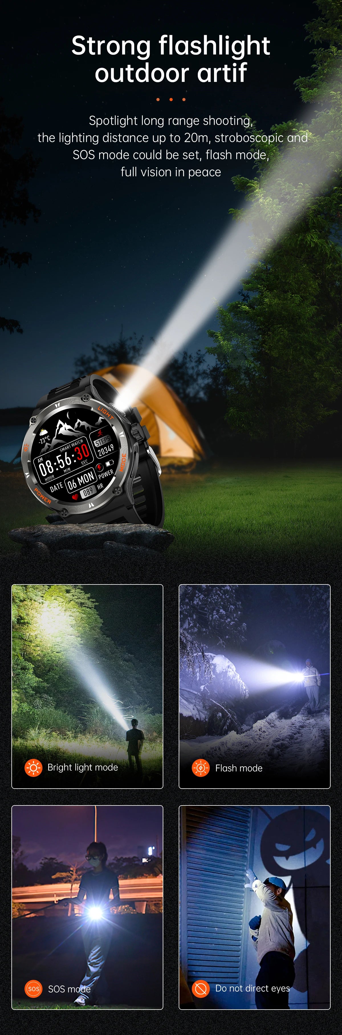 Hot Outdoor Military Smart Watch Men LED Strong Light AMOLED Screen Heart Rate Compass Bluetooth Call 3ATM Waterproof Smartwatch