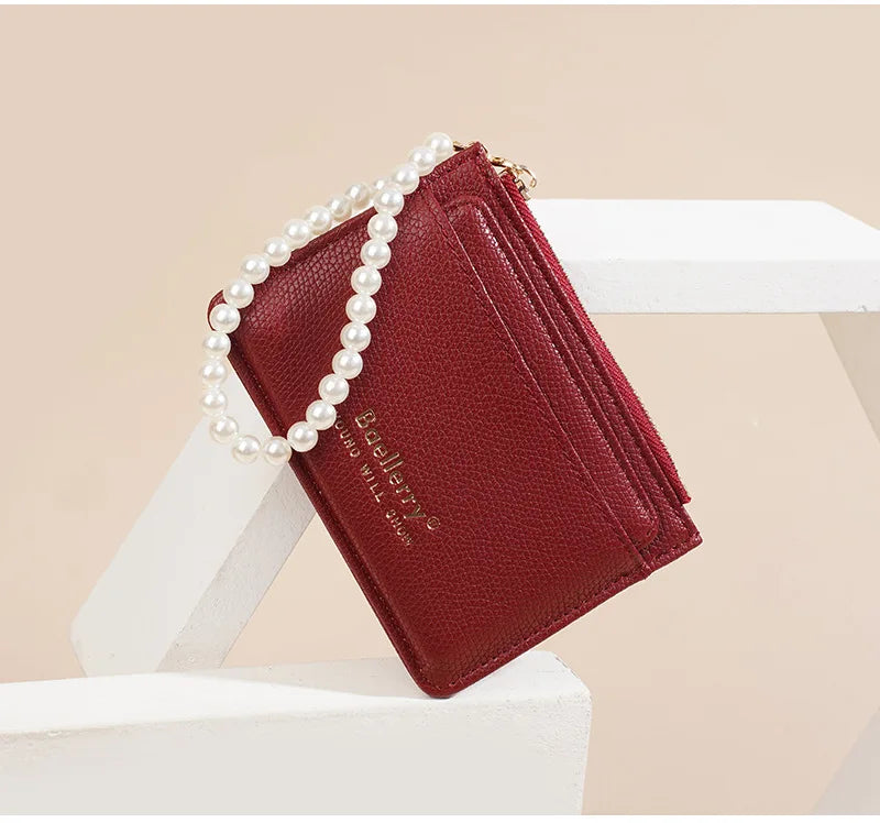 Fashionable Womens Card Case Ins Trend High Class Pearl PU Small Purse