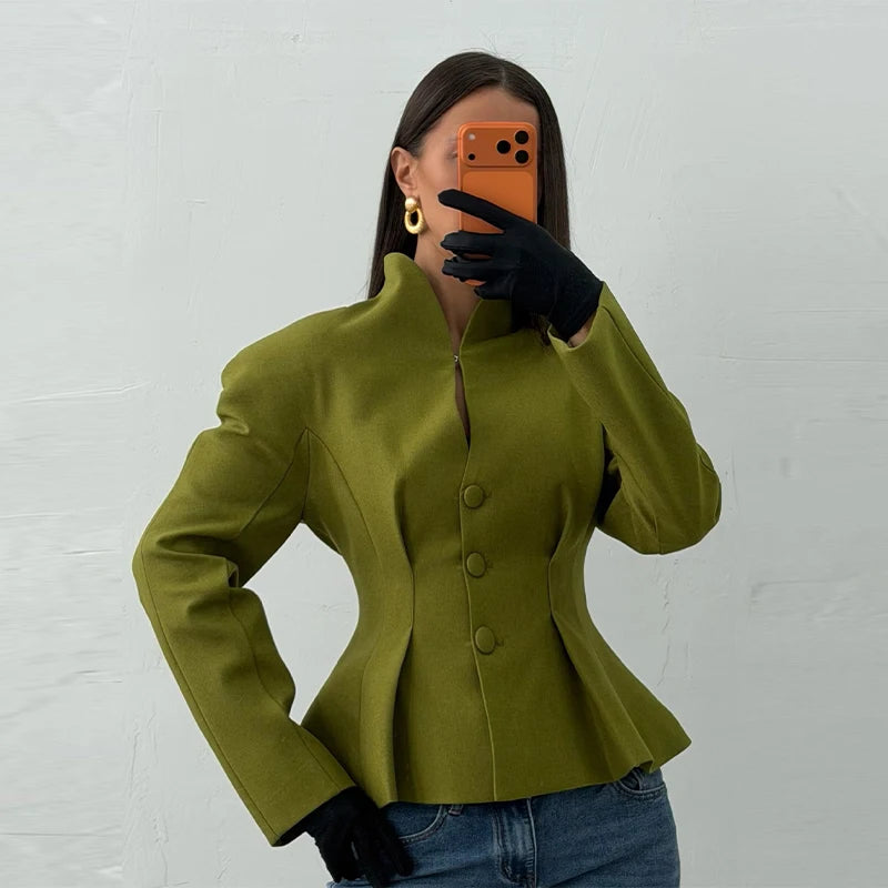 Elegant Pleated Waist Cinched Women's Jacket  Chic V Neck Single Breasted Lace Up Coat 2026 Lady Casual Slim Commute Outerwear
