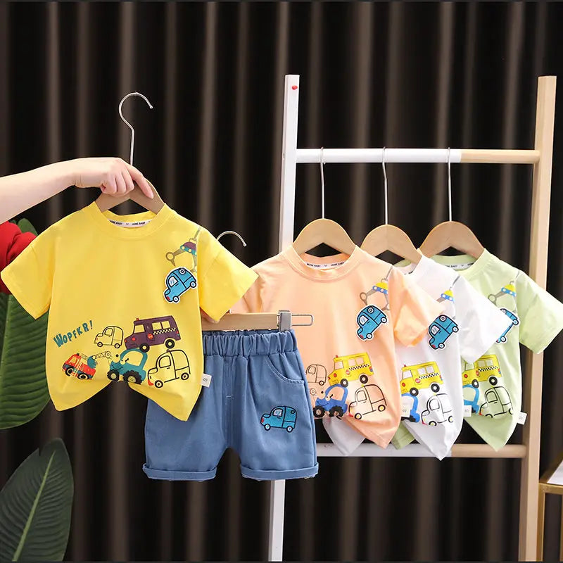 Ropa de algodón para niños de verano, camiseta de coches, pantalones cortos, 2 unidades/conjunto, ropa de moda para niños, chándales para bebés de 1, 2, 3, 4 y 5 años