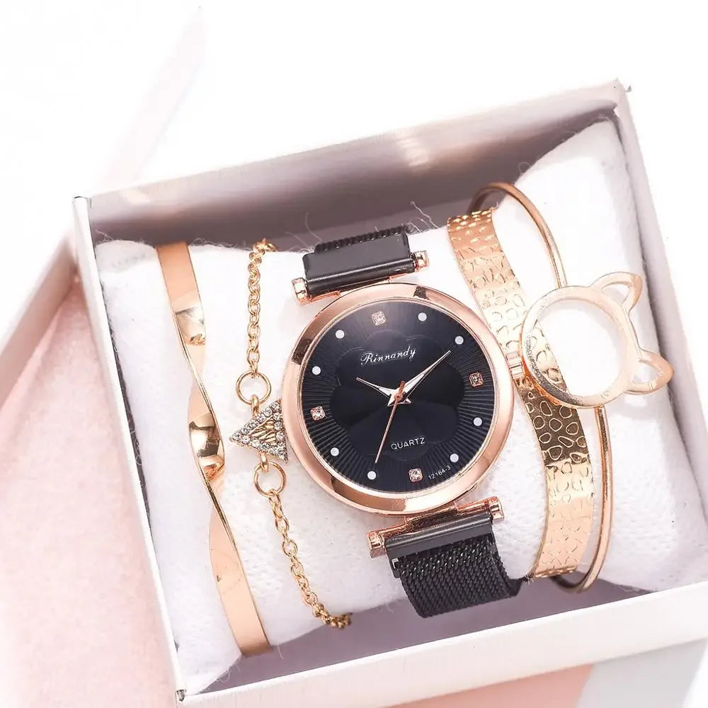 5pcs/Set Luxury Women Watches Luxury Magnet Buckle Flower Rhinestone Watch Ladies Quartz Wrist Watch Bracelet Set Reloj Mujer