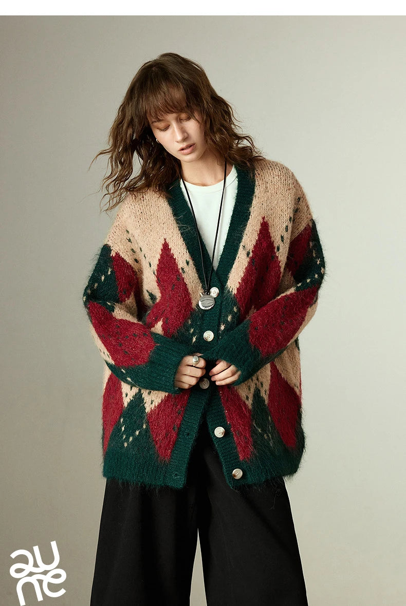 TOYOUTH Women Sweater Coats 2025 Winter New Retro Nordic Colorblock Argyle V-Neck Loose Wool-Blend Outerwear