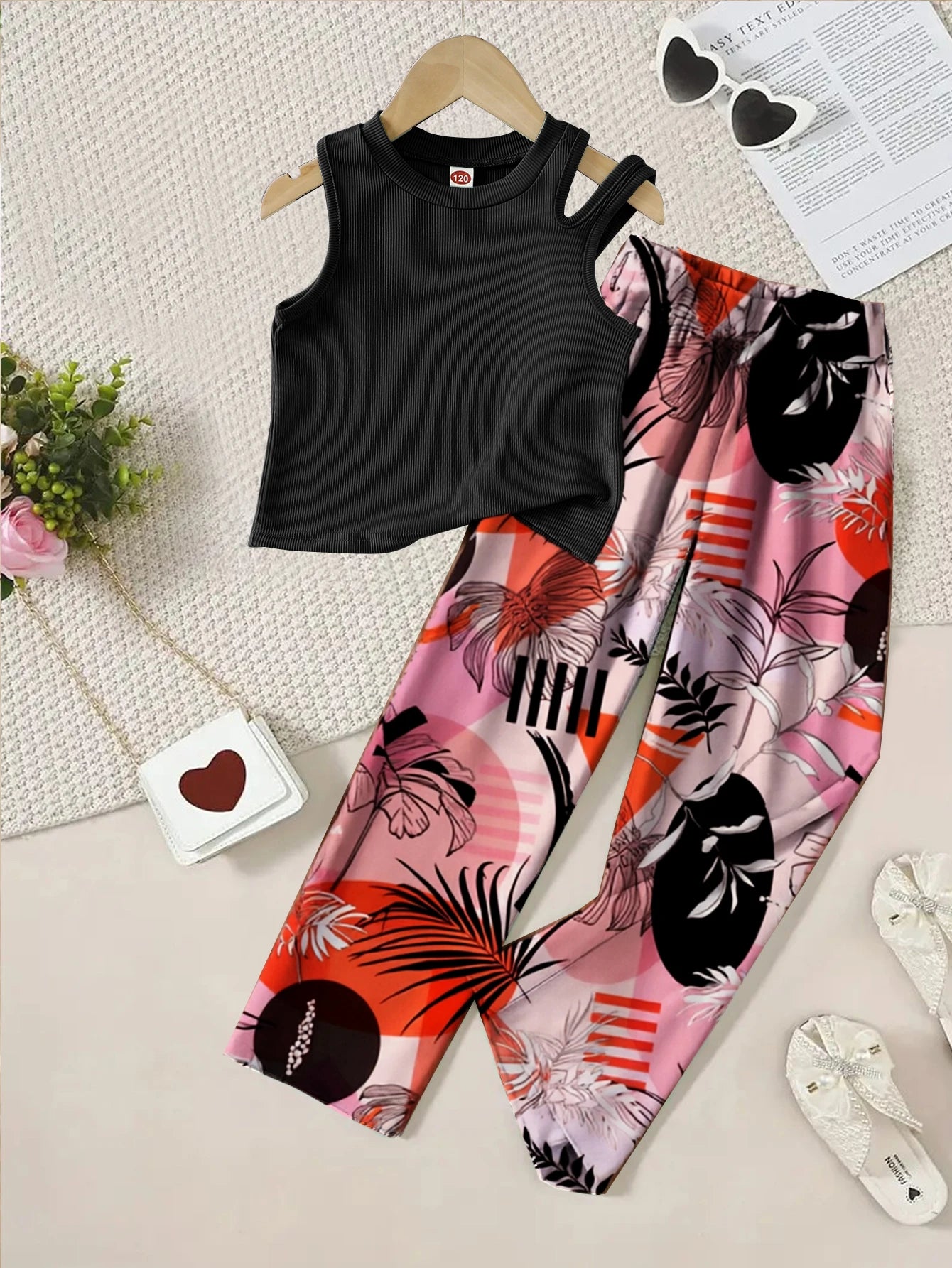 Summer Teenage Girls Clothing Set Off-Shoulder Ribbed Tank Tops and Printed Pants Two-Piece Sets for Kids Girl 6-14 Y