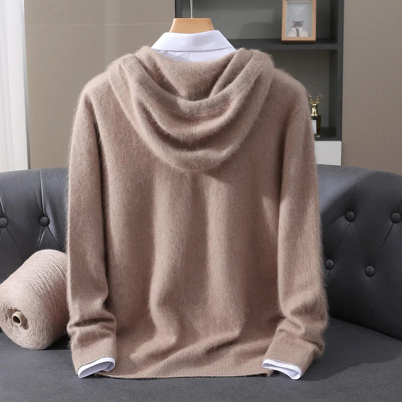 Men's Clothing: 100% Pure Mink Cashmere Knitted Sweater Casual And Loose Large-Sized Hooded Pullover Autumn Winter New Products