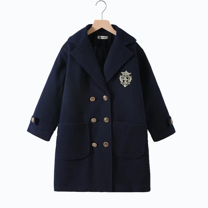 Teens Girls Winter Jacket Preppy Style Navy Mid-length Wool Coat for Kids Thick Warm Casual All-match School Children Outerwear