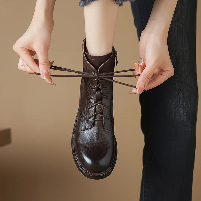 2025 New Autumn Ankle Winter Genuine Leather Women Boots Chelsea Boots Women Shoes Real Leather Shoes Retro Platform Shoes
