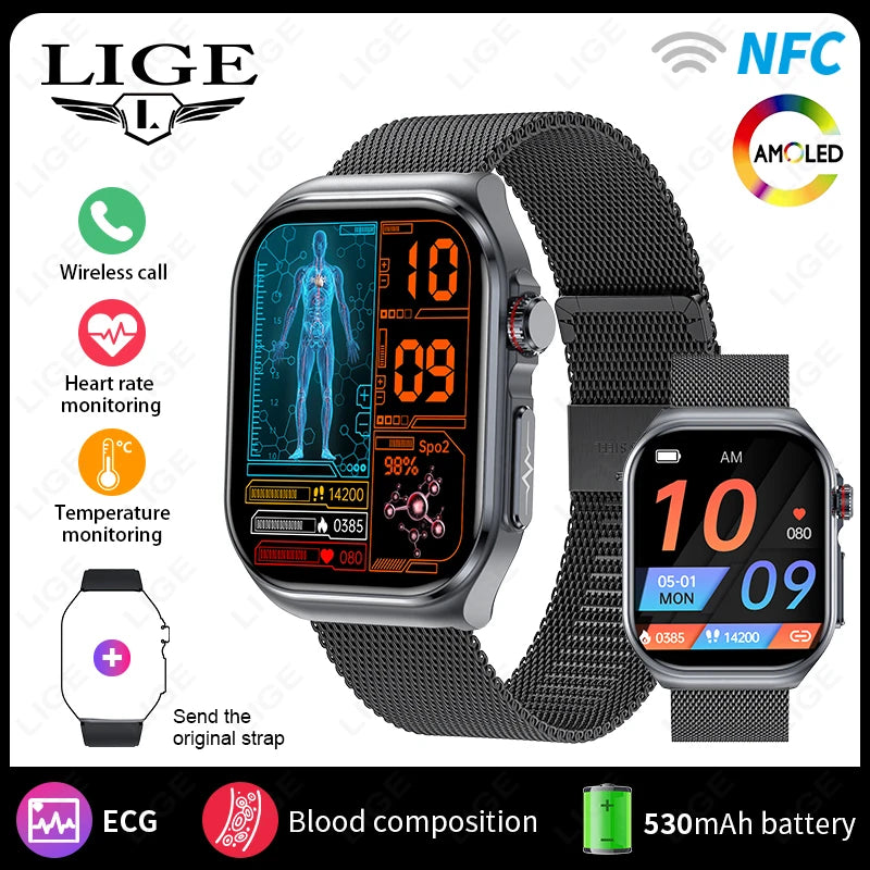 LIGE New ECG+PPG Smart Watch Micro Physical Examination Blood Lipids Uric Acid NFC Bluetooth Call Health Smartwatch Men Women