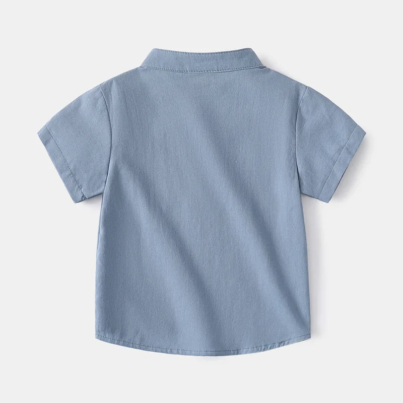 Summer Boys Short Sleeves Shirts 2-7Years Kids Korean Version V-Neck White Aqua Blue Blouses Baby Solid Color Casual Top