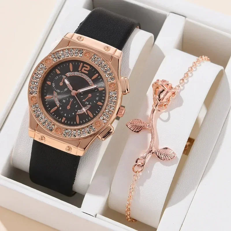 2pcs Elegant Wristwatch Flower Bracelet Watches Set Luxury Rhinestone Women Quartz Watch for Girl Ladies Clock Relogios Feminino