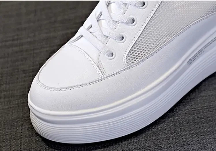 7cm Women Shoes Genuine Leather White Air Mesh Sneakers Chunky Shoes Platform Wedge Spring Autumn Breathable Summer Shoes 40