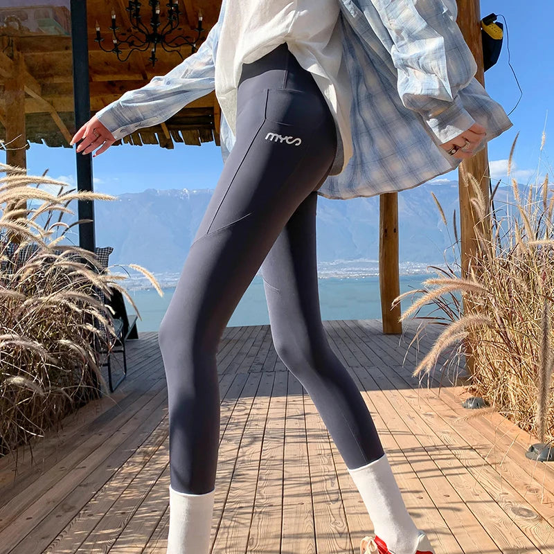 Spring Autumn Thin Sharkskin Leggings Women Side Pocket Hiking Cycling Sports Leggings Woman Naked Feeling Stretch Leggings Lady