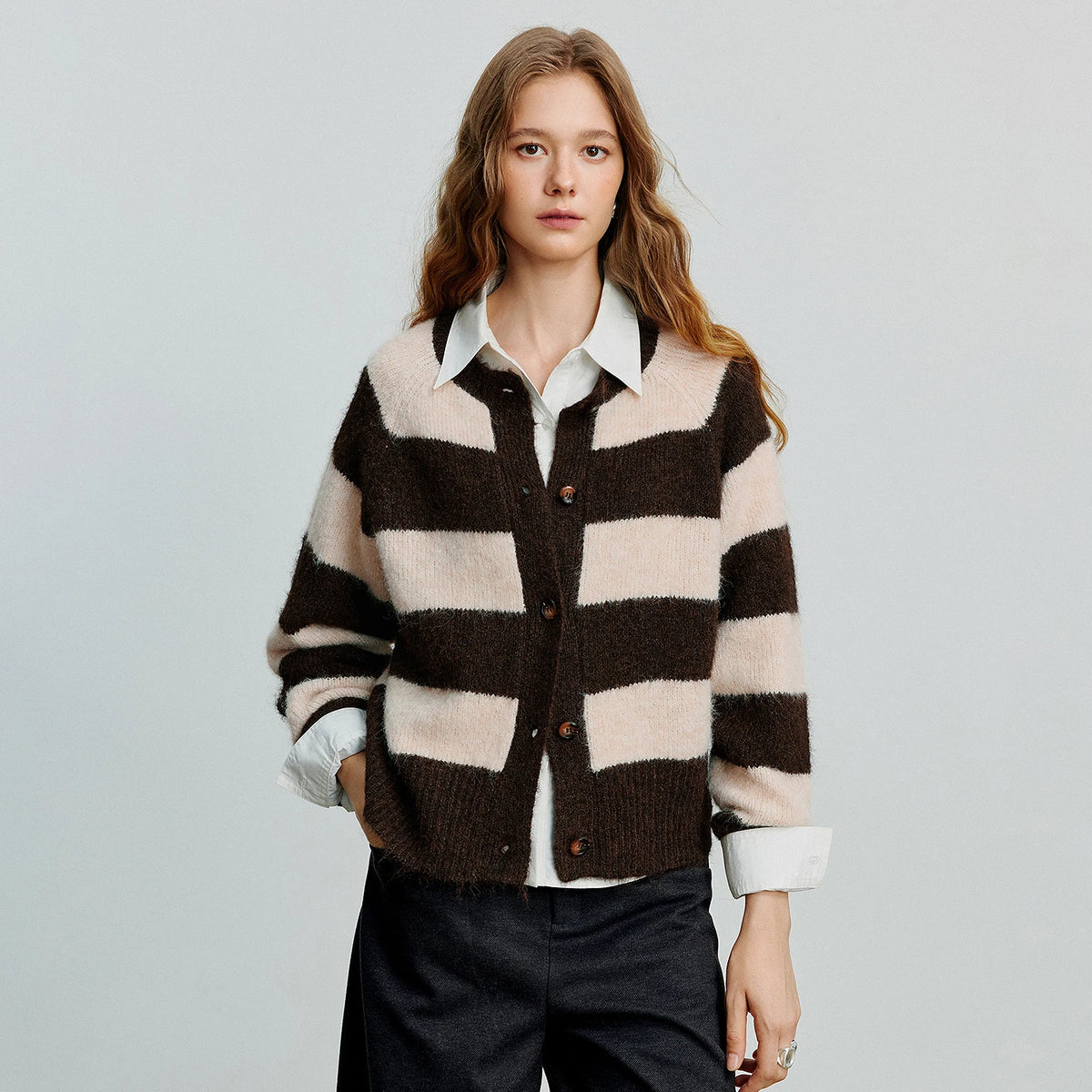 TOYOUTH Women Sweater 2025 Autumn New Color Contrasting Lulu Style Striped Cardigan Tops
