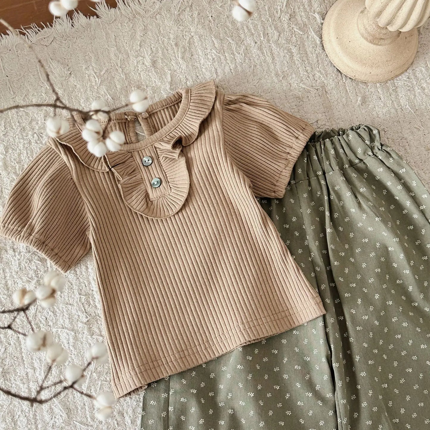 Summer Ins Girl Infant Sweet Lotus Collar Short Sleeve T-shirt Baby Pit Striped Solid Tees Newborn Cotton Tops Kid Casual Tshirt