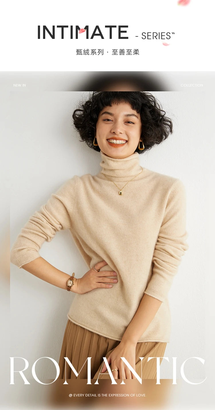 Women's 100% Cashmere Sweater Casual Solid Color Knitted Pullover Loose High Neck Jumper Autumn/Winter Warm Blouse Tops