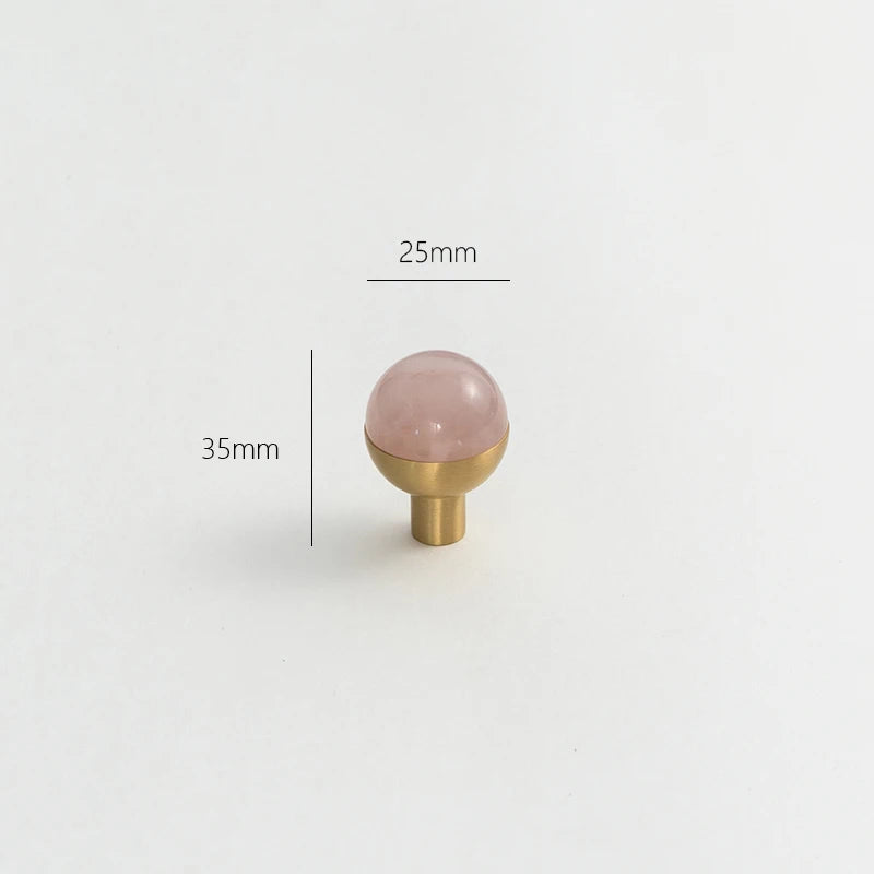 Pink Rose Quartz + Brass Cabinet Pulls,Natural Crystal Ball Knobs for Kitchen Cupboard Dresser Wardrobe, Gold Furniture Hardware