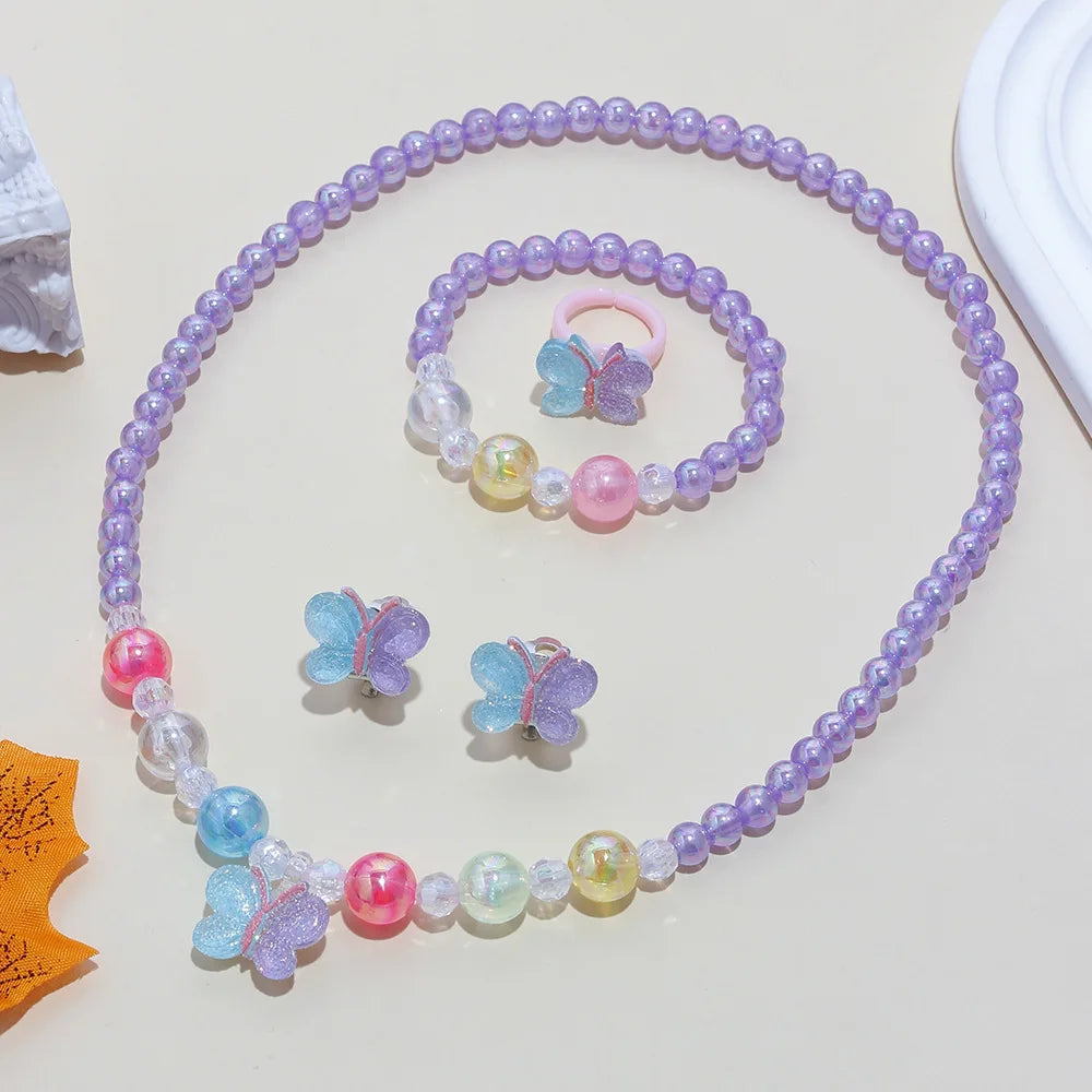 Girls' 5-Piece Jewelry: Flower Pendant, Earrings, Ring, Beaded Necklace & Bracelet, Cute Versatile Kids' Accessories