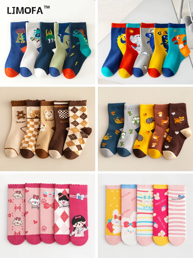 LJMOFA 5 Pairs Cotton Kids Socks Dinosaur Cartoon Cute Toddler Girls Socks Casual Sport Boys Socks Warm Socks For Baby C159