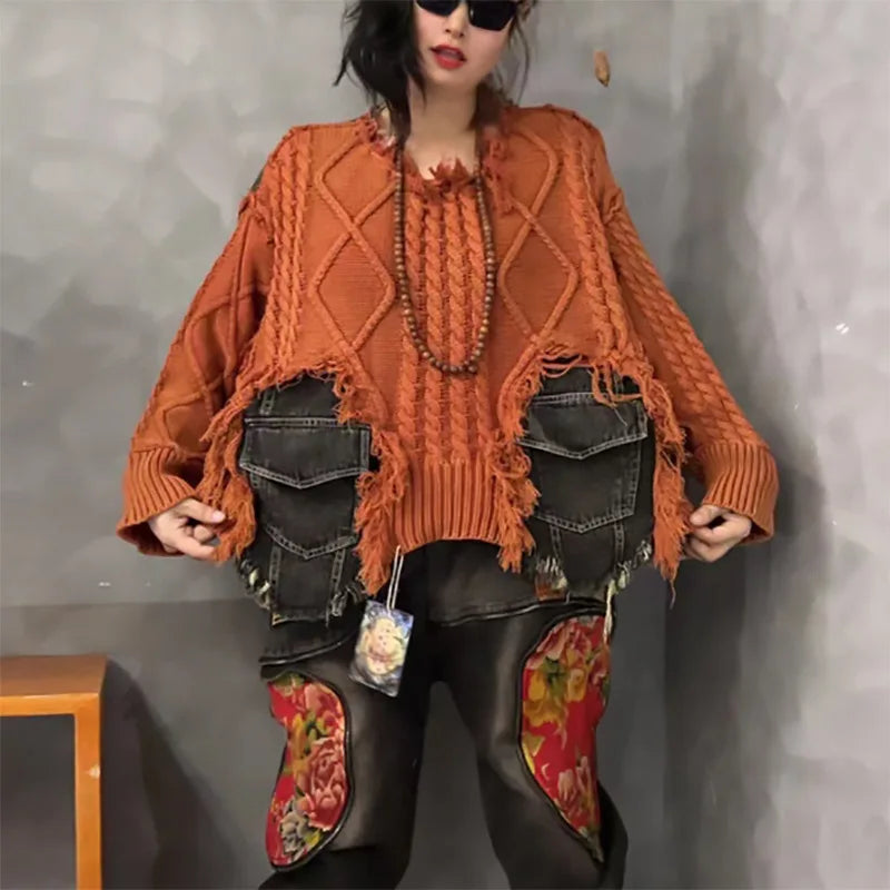 Tannt Women Sweater Patchwork Asymmetry Pullover Knitting Tops Asymmetry Color Matching Loose Long Knitting Sweaters 2025 New