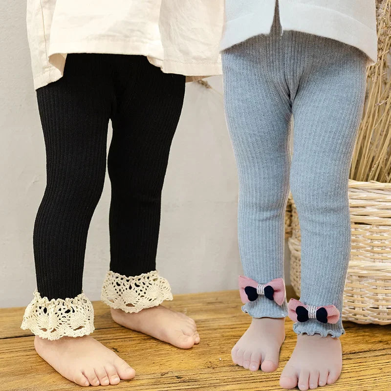 Baby Girl Leggings Ribbed Pants Kid Girls Cotton Soft Elastic Trousers Bow Lace Legging Toddler Casual Knit Leggins