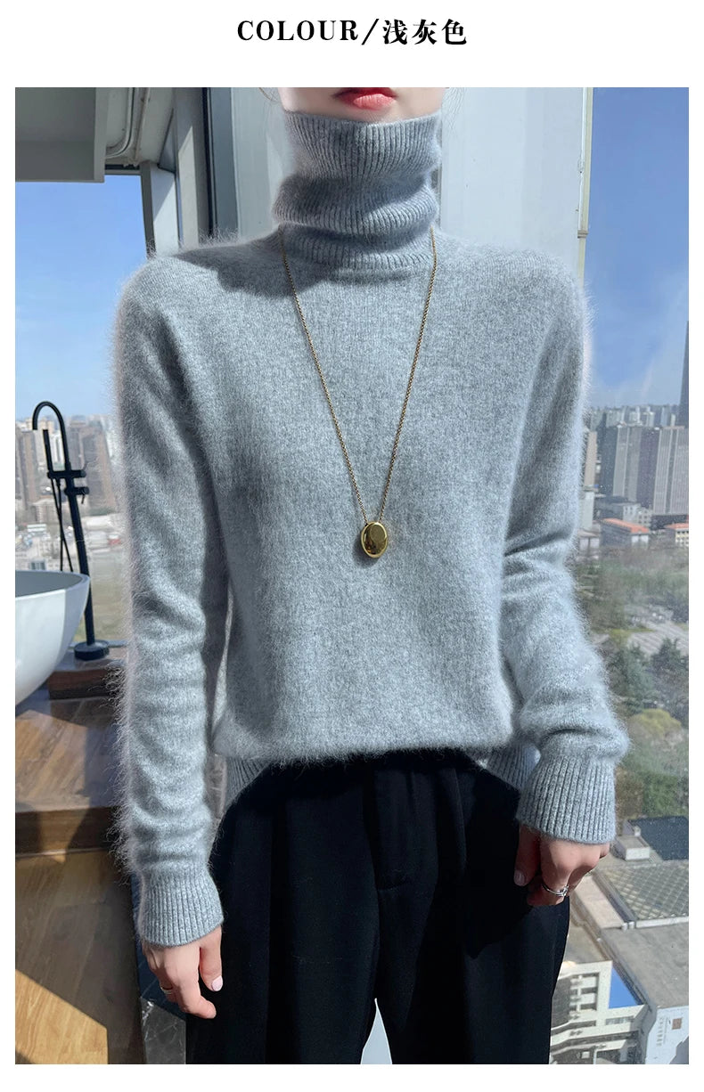 100% Mink Cashmere Top-Lapel Women Sweater Long-sleeves Fashion High-elasticity Sexy Winter Knitted Pullover Girl Tops 2024