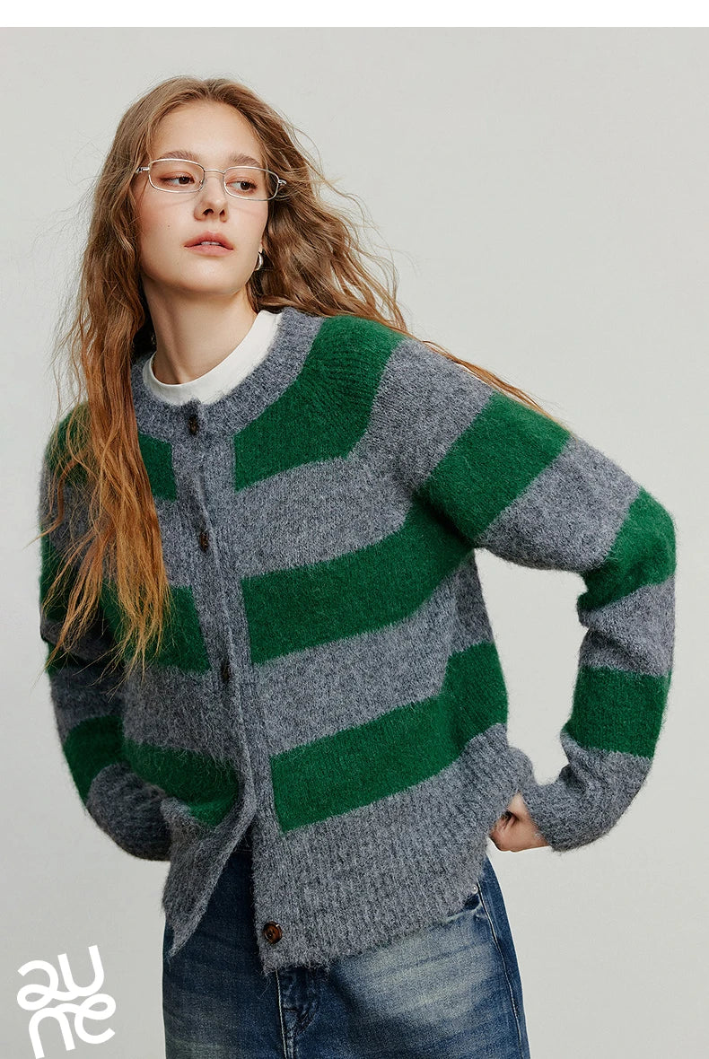TOYOUTH Women Sweater 2025 Autumn New Color Contrasting Lulu Style Striped Cardigan Tops