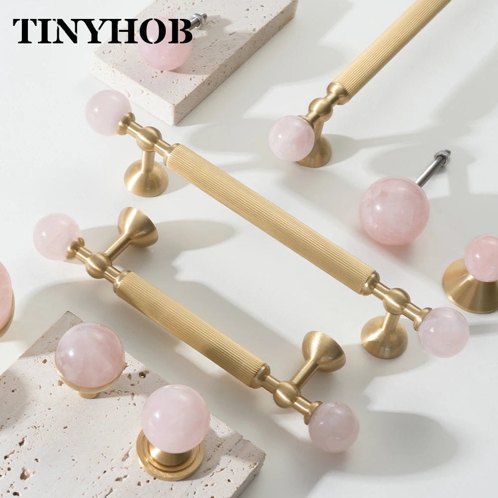 Pink Rose Quartz + Brass Cabinet Pulls,Natural Crystal Ball Knobs for Kitchen Cupboard Dresser Wardrobe, Gold Furniture Hardware