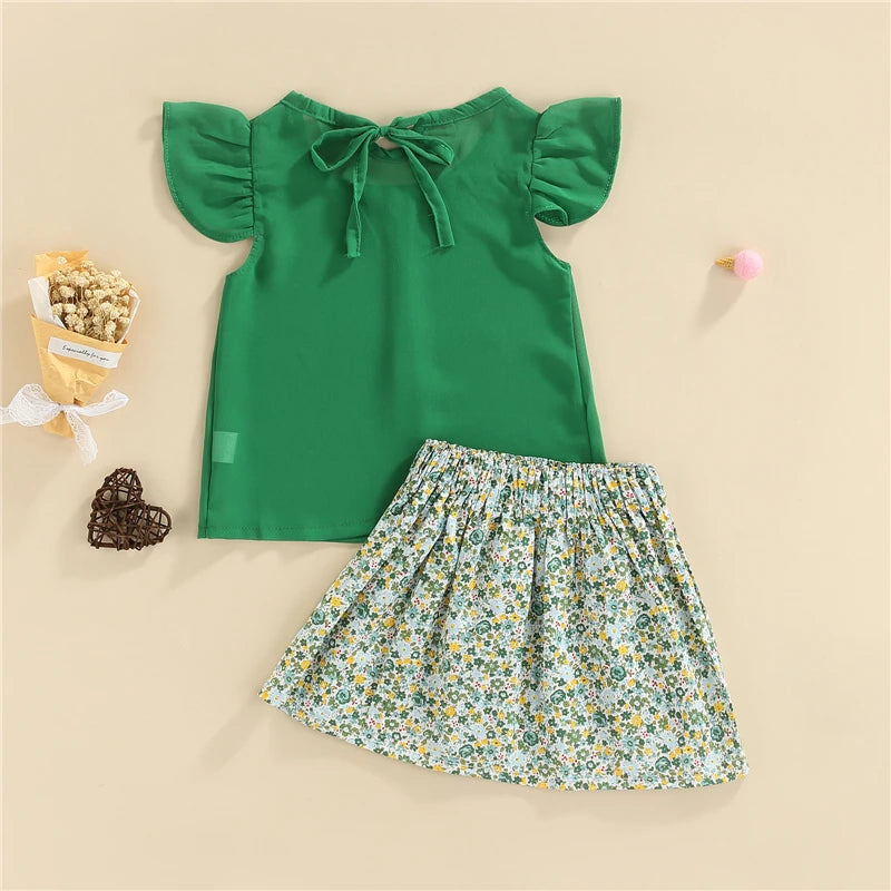 Fashion Toddler Kid Girls Summer Clothing Outfits Fly Sleeve Solid Color T-Shirt Top + Floral Printed Mini Skirt Set