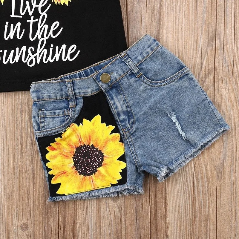 Toddler Girl Clothes Set Sleeveless Sunflower Letter Print Tank Tops with Denim Short Pants Summer Children's Sets