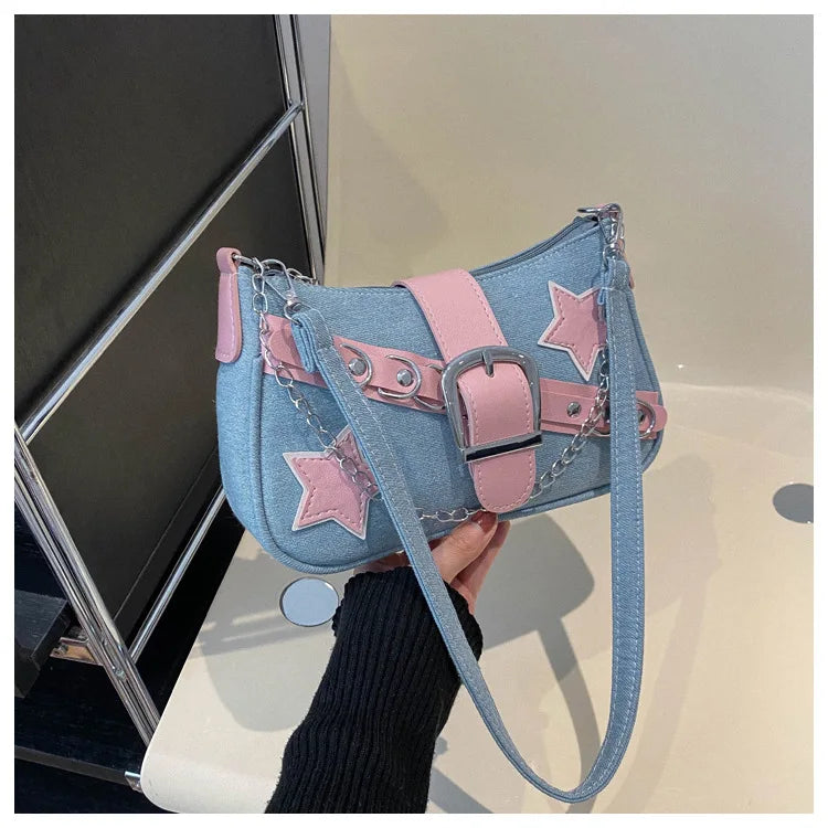 Y2k Hot Girls Denim Shoulder Bags Retro Rivet Star Women's Underarm Bag Portable Female Chain Armpit Bag Small Purse Handbags