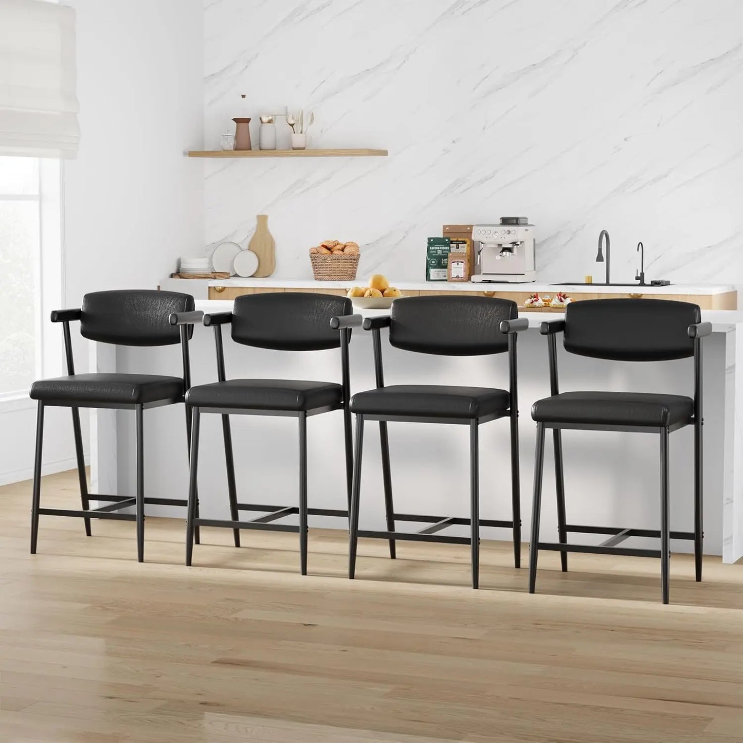 2PCS Modern Bar Stools Set with Back & Upholstered Wider Seat, Metal Bar Stools with Footrest for Kitchen Island Easy Assembly