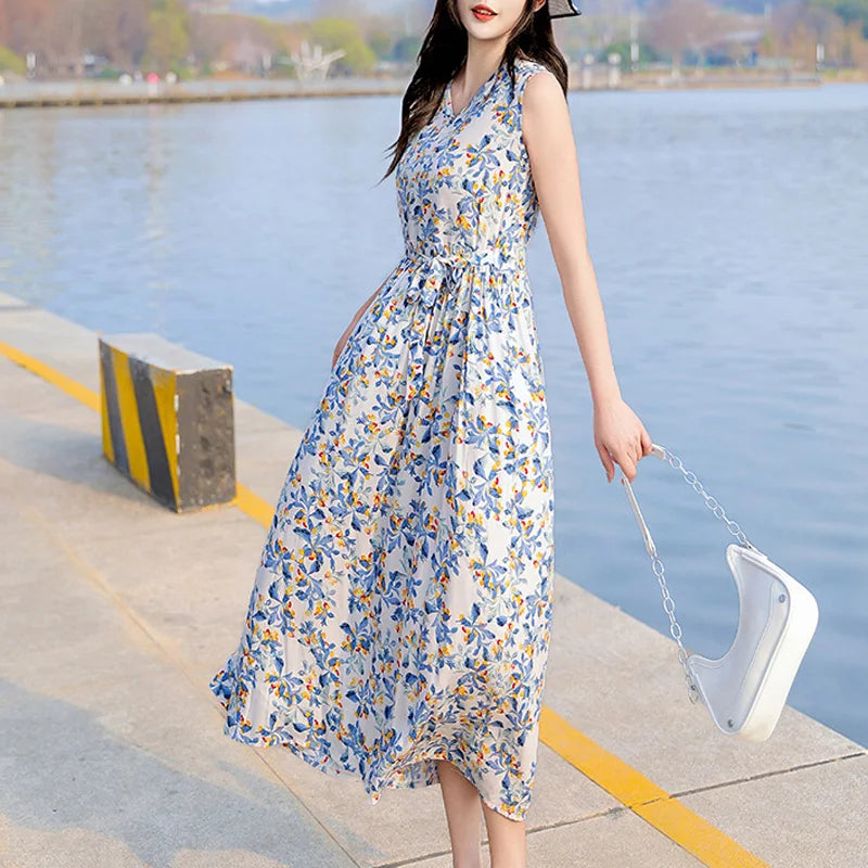 Spring Summer Dresses Fashion Female Sleeveless printed Casual Dress Women A-line Dresses Vestidos