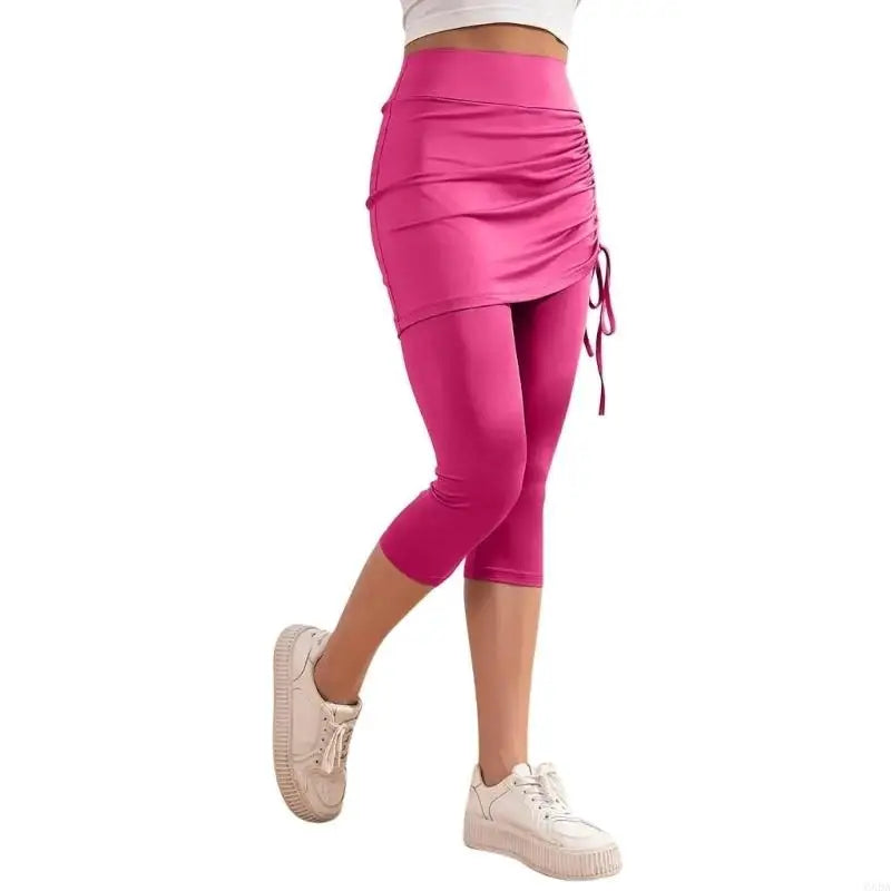 Womens Leggings Tummy High Skirted Leggings Drawstring Side Ruched Fit Workout Bottom 6XDA