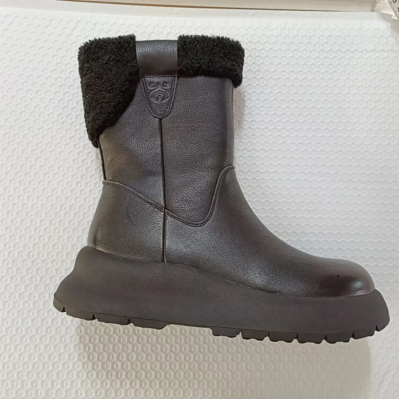 Koznoy 5cm Natural Genuine Leather Chunky Cow Spring Rubber Ankle Boots Soft Soled Winter Plush Flats Booties Autumn Women Shoes