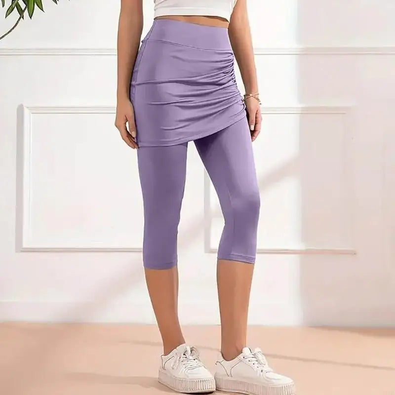 Womens Leggings Tummy High Skirted Leggings Drawstring Side Ruched Fit Workout Bottom 6XDA