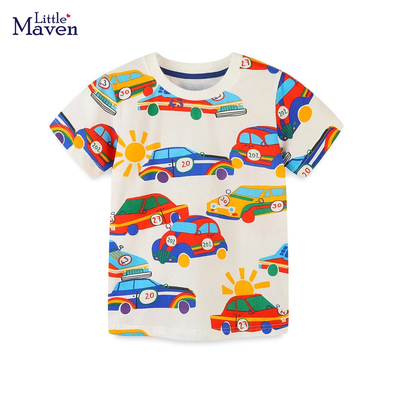 Camisetas para bebés Little maven, novedad de verano, camisetas con estampado de coches de carreras de dibujos animados para niños pequeños, ropa para niños de 4 a 5 años