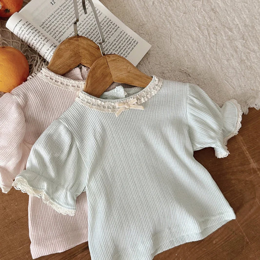 Ropa para niños de 0 a 24 meses, camiseta para niña recién nacida, jersey de manga corta de algodón con empalme de encaje, jersey para niña pequeña 2024