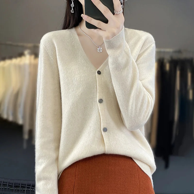 New Fashion Spring Autumn 100% Merino Wool Women's V-neck Cardigan Cashmere Sweater 2024 Female Knitwear Clothing Korean Tops