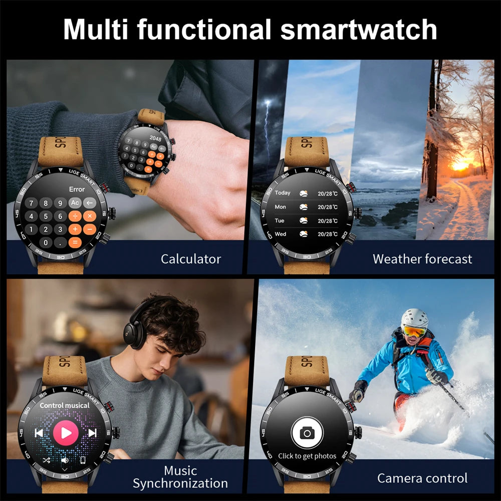 LIGE Men's Smart Watch Bluetooth Connection AMOLED Screen Smartwatch Men IP68 Waterproof Voice Call Samrtwatches for Android iOS