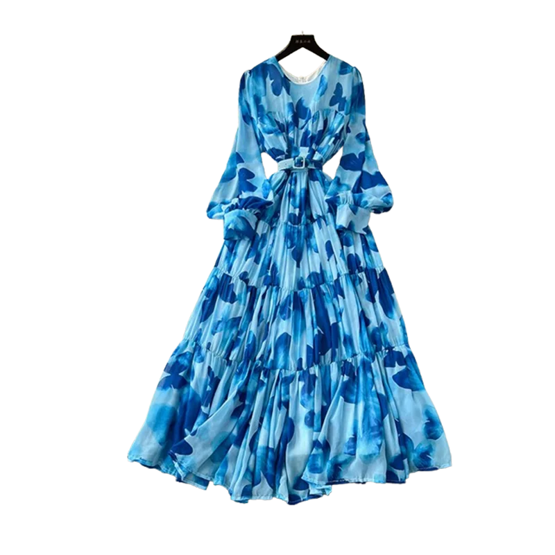 Spring Summer Women's Long Sleeved Printed Large Swing Dress New French Fashion Beach Style Cinched Round Neck Long Dress Y01