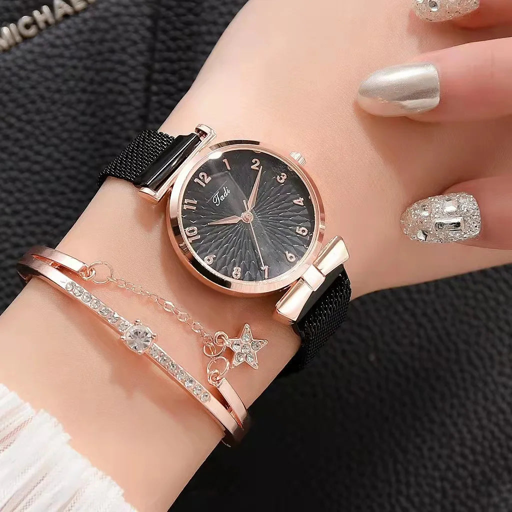 Fashion Women Watches Luxury Leather Buckle Flower Rhinestone Watch Ladies Quartz Wrist Watch Bracelet Set Reloj Mujer