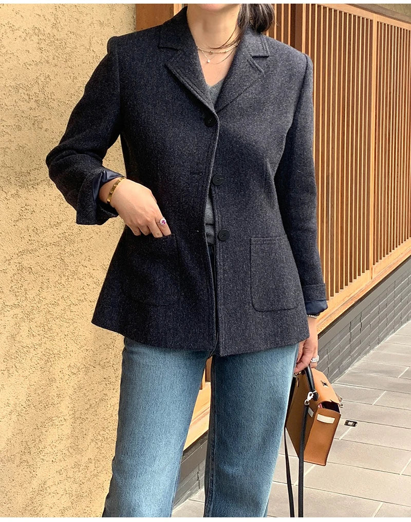 50 Wool Women Notched Collar Blazer Jacket Coat Fall Winter Thick Warm Overcoat Pocket Fashion Slim Waist Buttons Coat 2024 New
